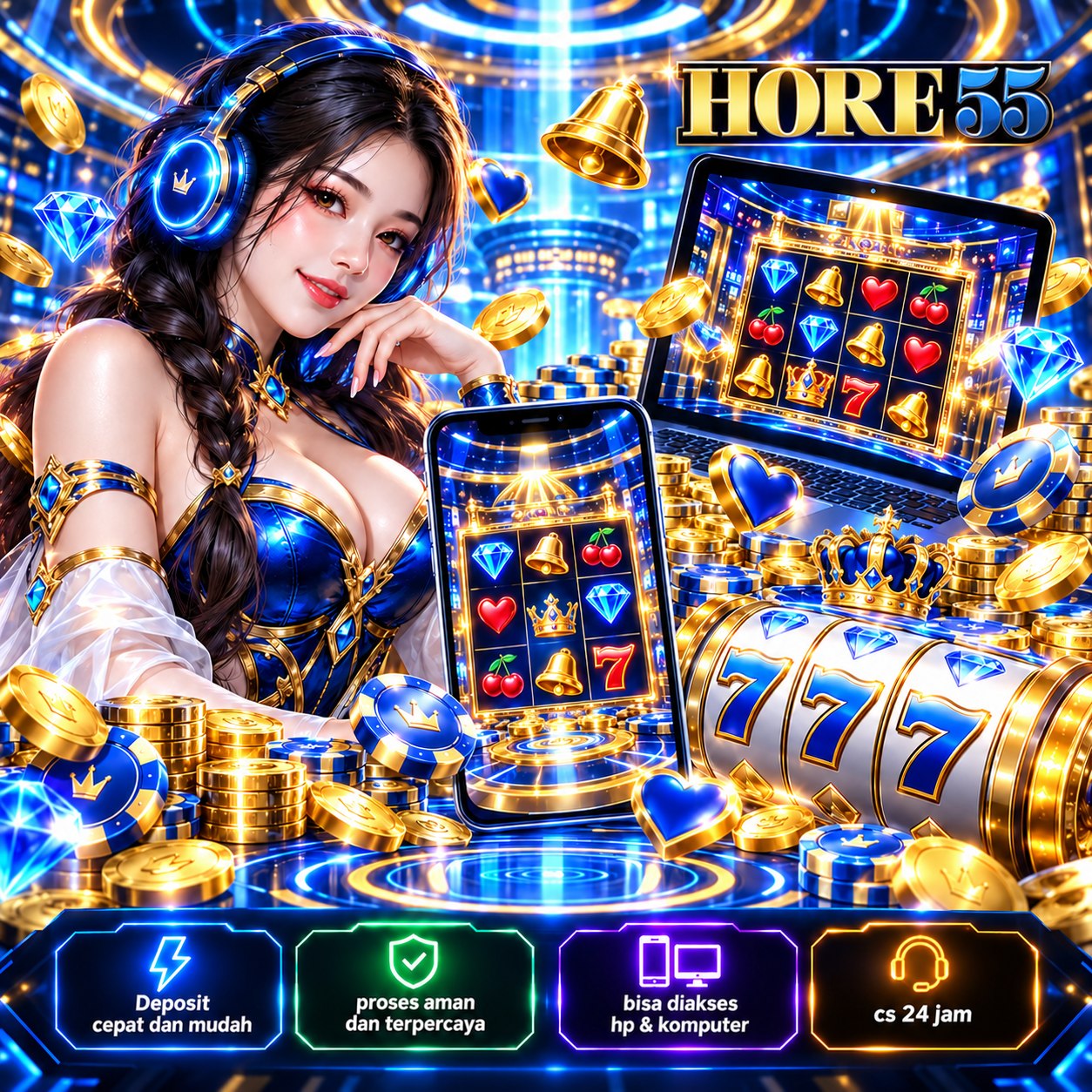 Poster HORE55 ilustrasi hiburan game berwarna biru dan emas