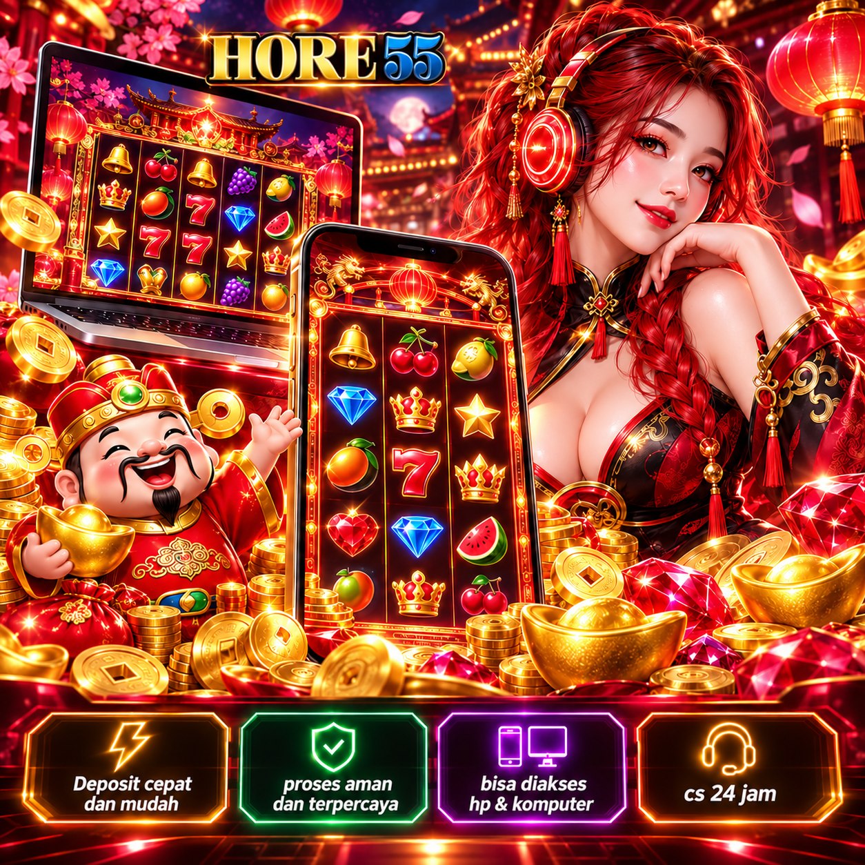 Poster HORE55 ilustrasi game bernuansa merah dan emas